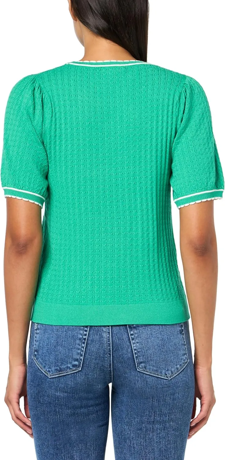 Adrianna Papell Women's Crew Neck Cable Scalloped Edge Tipped Short Sleeve Sweater