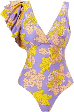 AFAVOM Women's One Piece Swimsuit Bathing Suit V-Neck Floral Printed Monokini Swimsuits Tummy Control Swimwear Beachwear