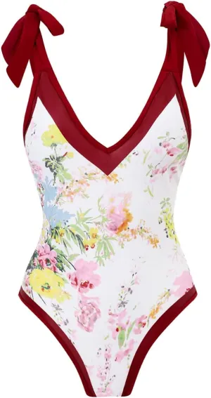 AFAVOM Women's One Piece Swimsuit Bathing Suit V-Neck Floral Printed Monokini Swimsuits Tummy Control Swimwear Beachwear