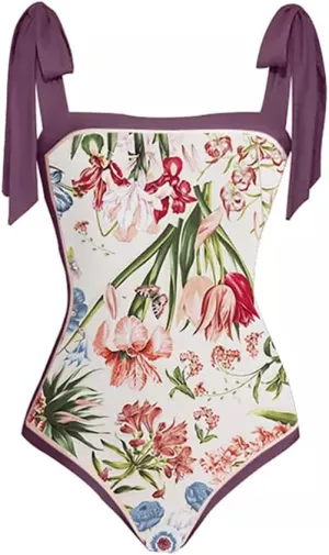 AFAVOM Women's One Piece Swimsuit Bathing Suit V-Neck Floral Printed Monokini Swimsuits Tummy Control Swimwear Beachwear