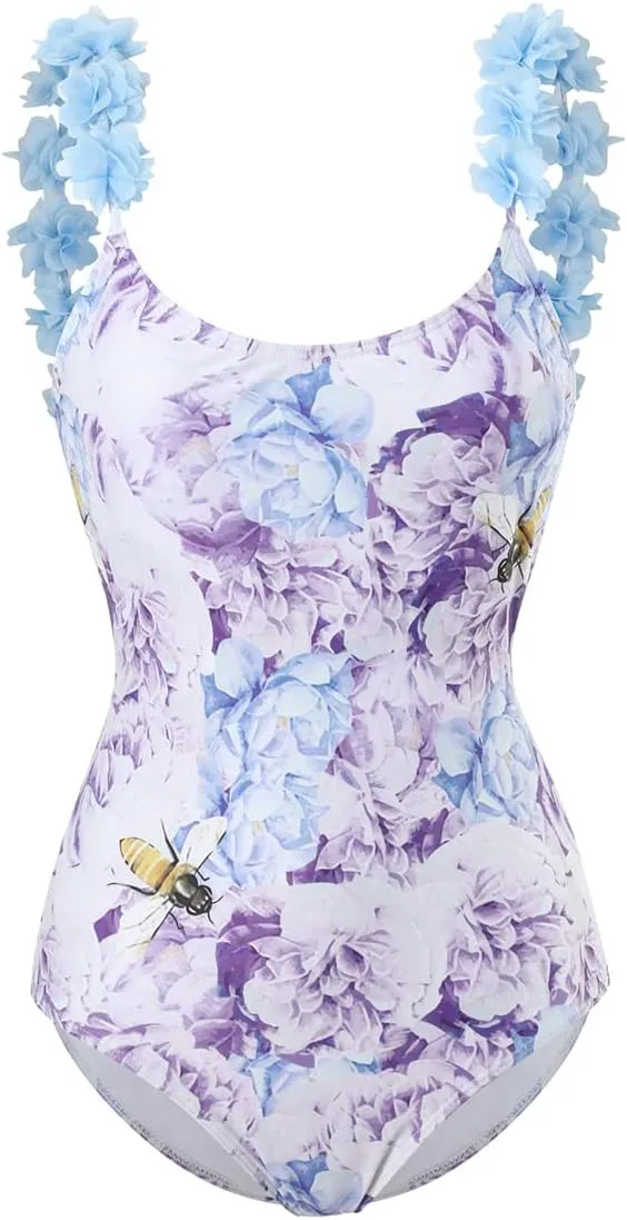 AFAVOM Women's One Piece Swimsuit Bathing Suit V-Neck Floral Printed Monokini Swimsuits Tummy Control Swimwear Beachwear