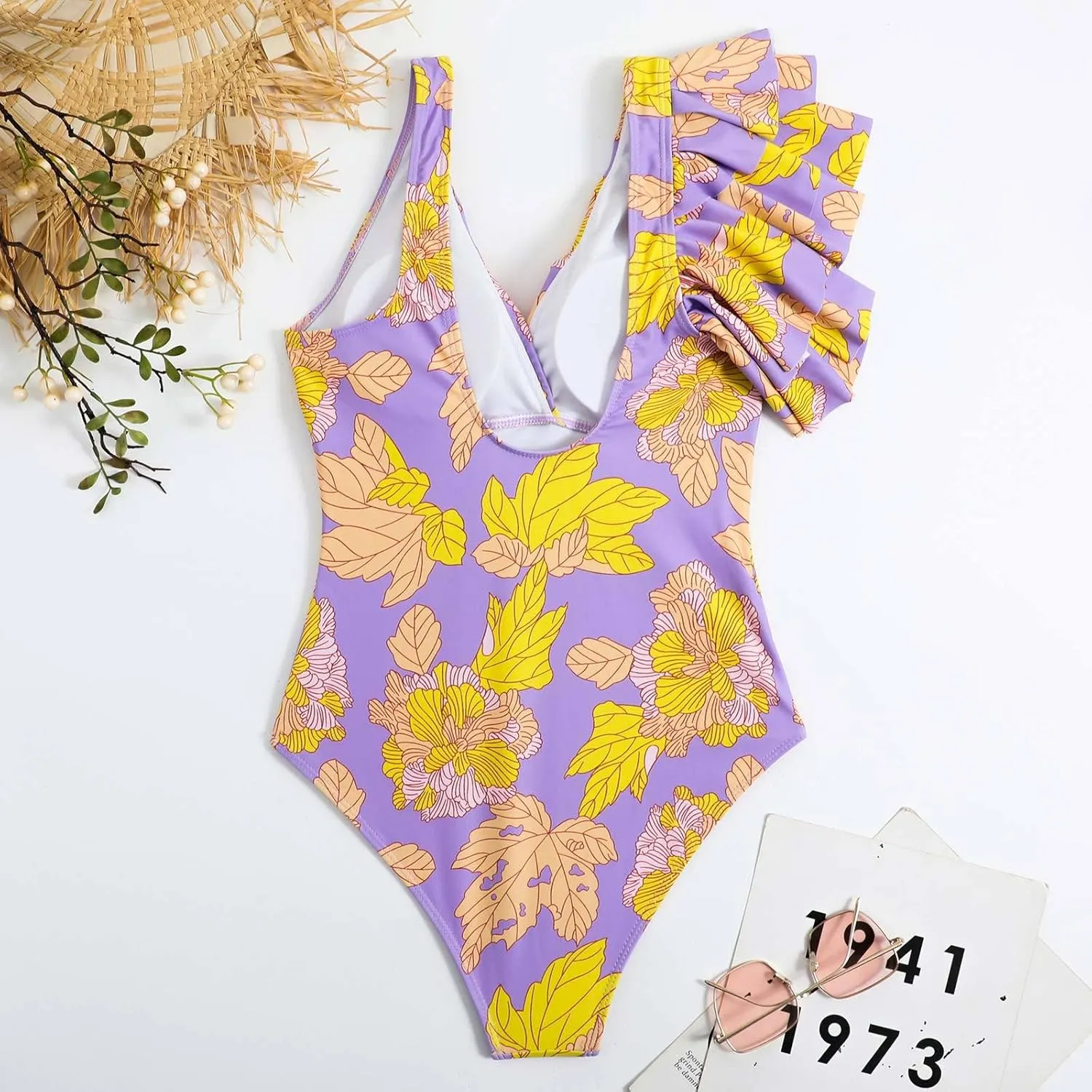 AFAVOM Women's One Piece Swimsuit Bathing Suit V-Neck Floral Printed Monokini Swimsuits Tummy Control Swimwear Beachwear