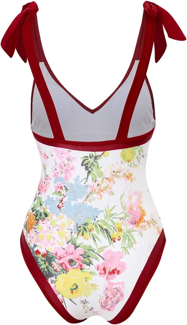 AFAVOM Women's One Piece Swimsuit Bathing Suit V-Neck Floral Printed Monokini Swimsuits Tummy Control Swimwear Beachwear