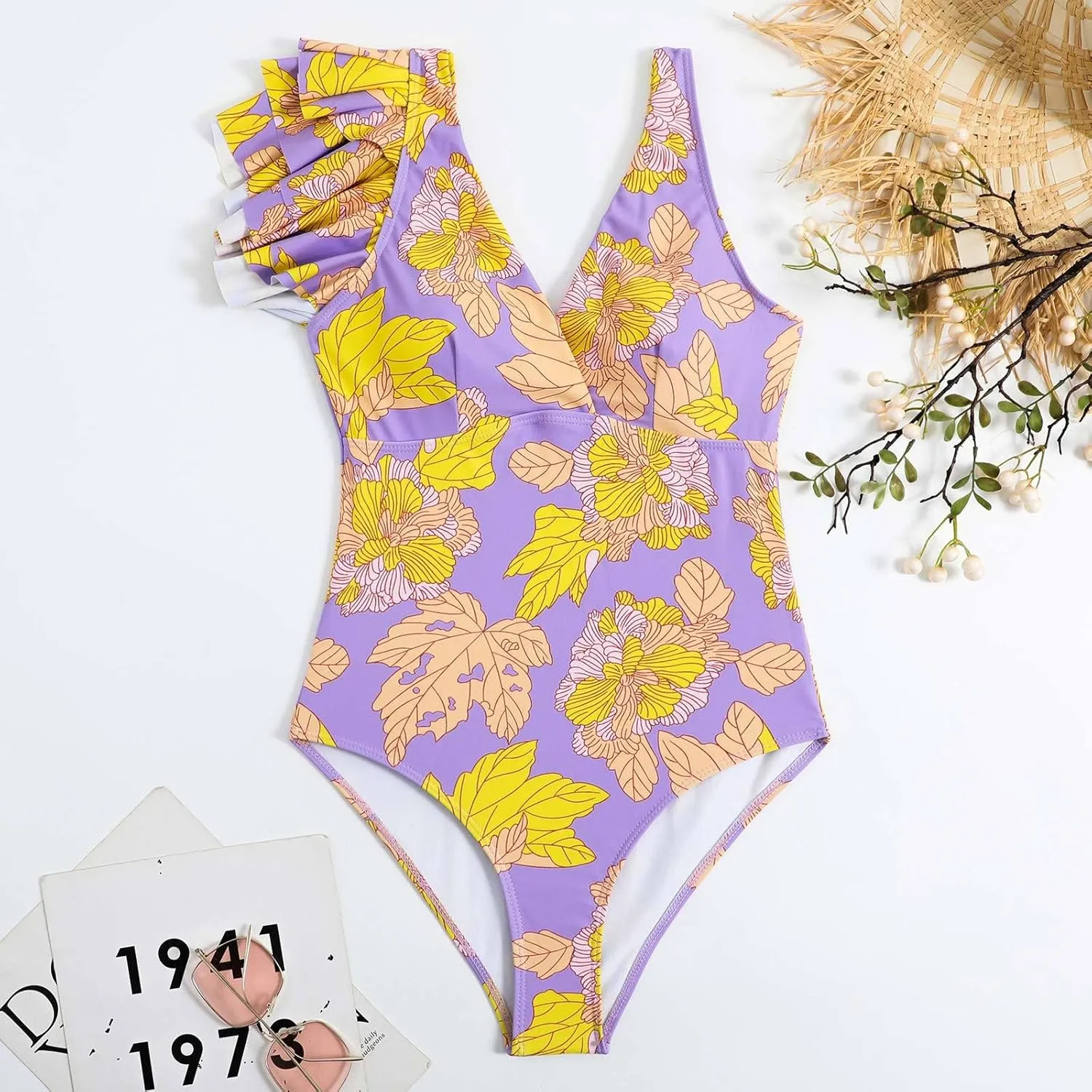 AFAVOM Women's One Piece Swimsuit Bathing Suit V-Neck Floral Printed Monokini Swimsuits Tummy Control Swimwear Beachwear