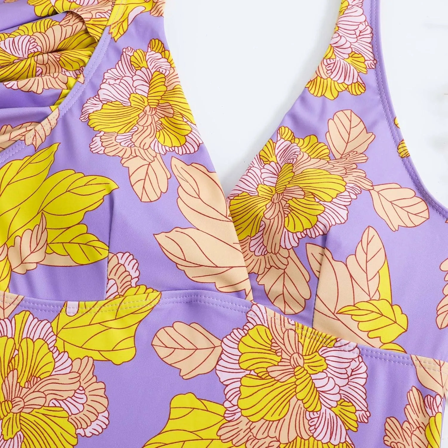 AFAVOM Women's One Piece Swimsuit Bathing Suit V-Neck Floral Printed Monokini Swimsuits Tummy Control Swimwear Beachwear