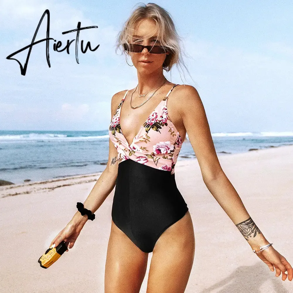 Aiertu Pink Floral One-Piece Swimsuit Women High Leg Cut Sexy Monokini Bathing Suits New Girls Beach Bathing Suit Swimwear