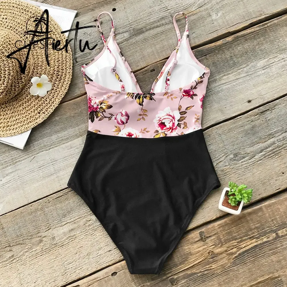 Aiertu Pink Floral One-Piece Swimsuit Women High Leg Cut Sexy Monokini Bathing Suits New Girls Beach Bathing Suit Swimwear