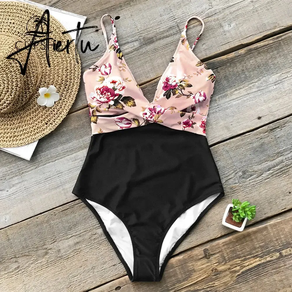 Aiertu Pink Floral One-Piece Swimsuit Women High Leg Cut Sexy Monokini Bathing Suits New Girls Beach Bathing Suit Swimwear