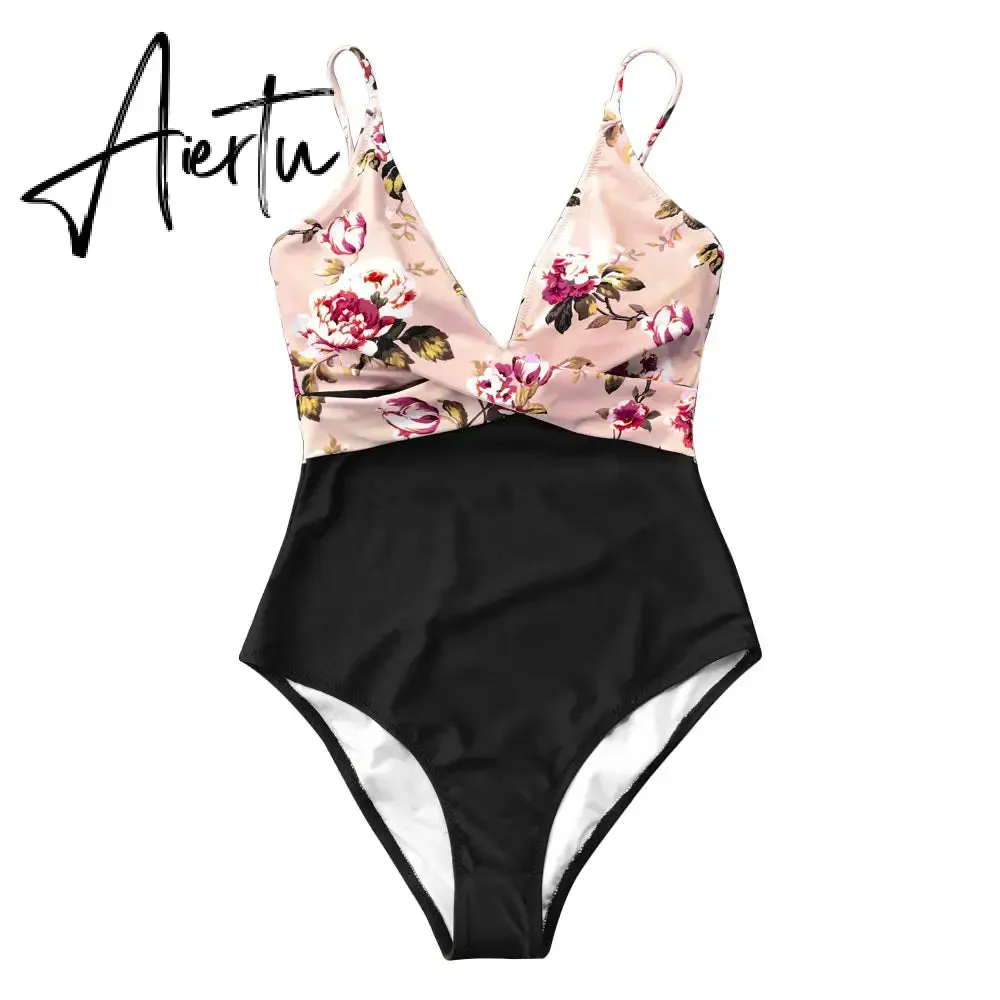 Aiertu Pink Floral One-Piece Swimsuit Women High Leg Cut Sexy Monokini Bathing Suits New Girls Beach Bathing Suit Swimwear