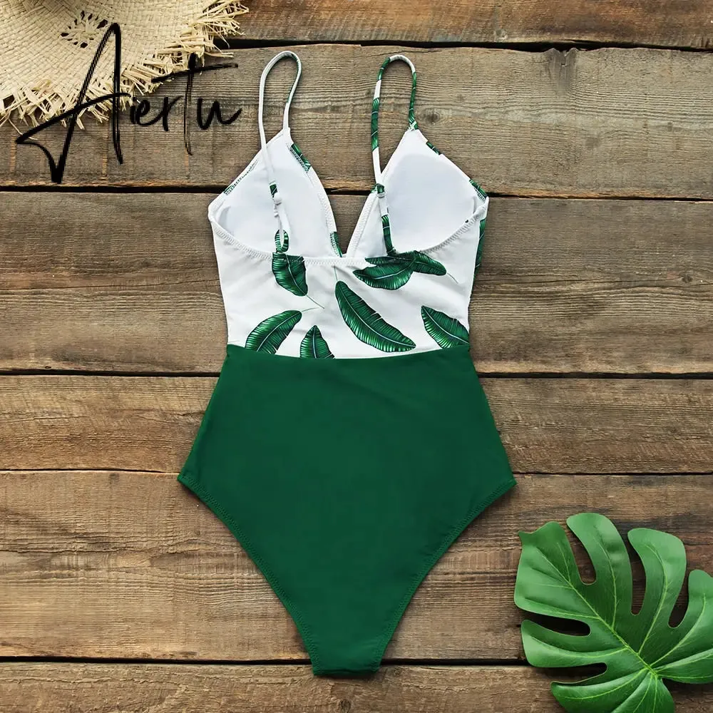 Aiertu Pink Floral One-Piece Swimsuit Women High Leg Cut Sexy Monokini Bathing Suits New Girls Beach Bathing Suit Swimwear