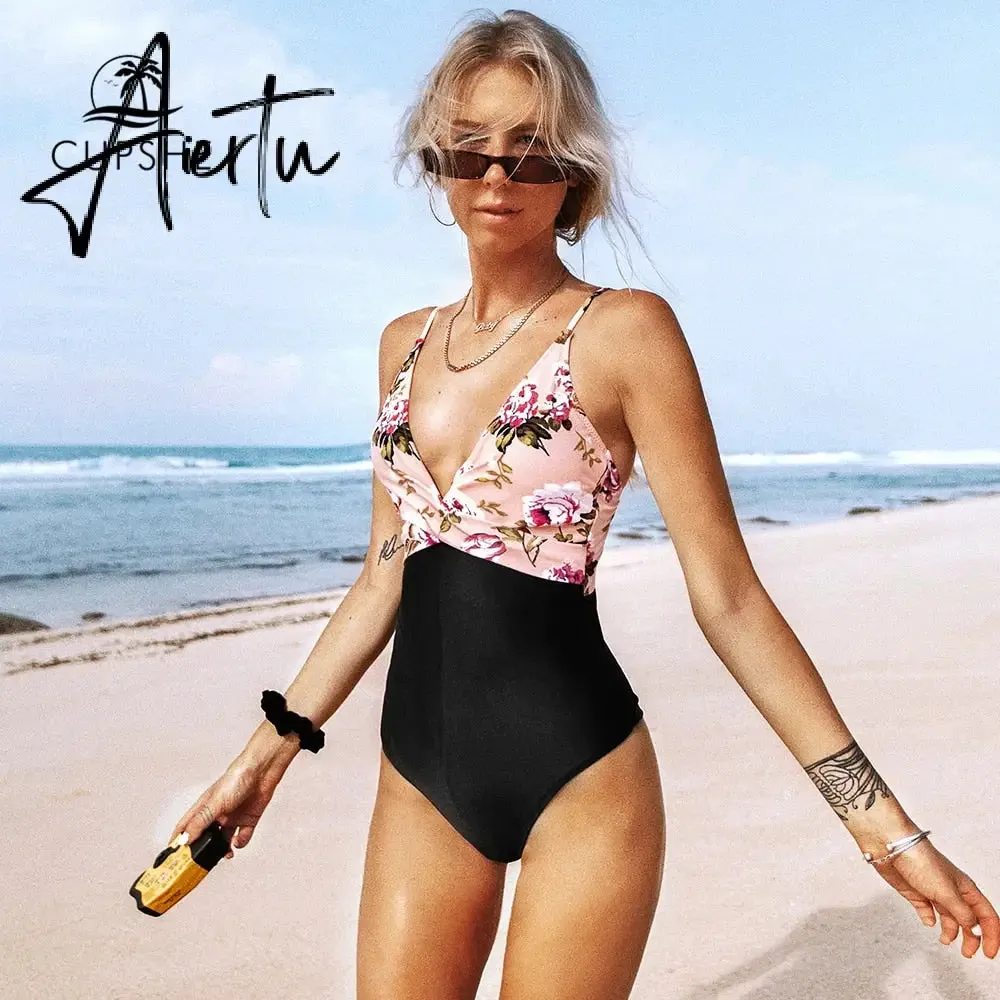 Aiertu Pink Floral One-Piece Swimsuit Women High Leg Cut Sexy Monokini Bathing Suits New Girls Beach Bathing Suit Swimwear