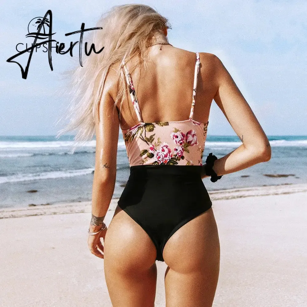Aiertu Pink Floral One-Piece Swimsuit Women High Leg Cut Sexy Monokini Bathing Suits New Girls Beach Bathing Suit Swimwear