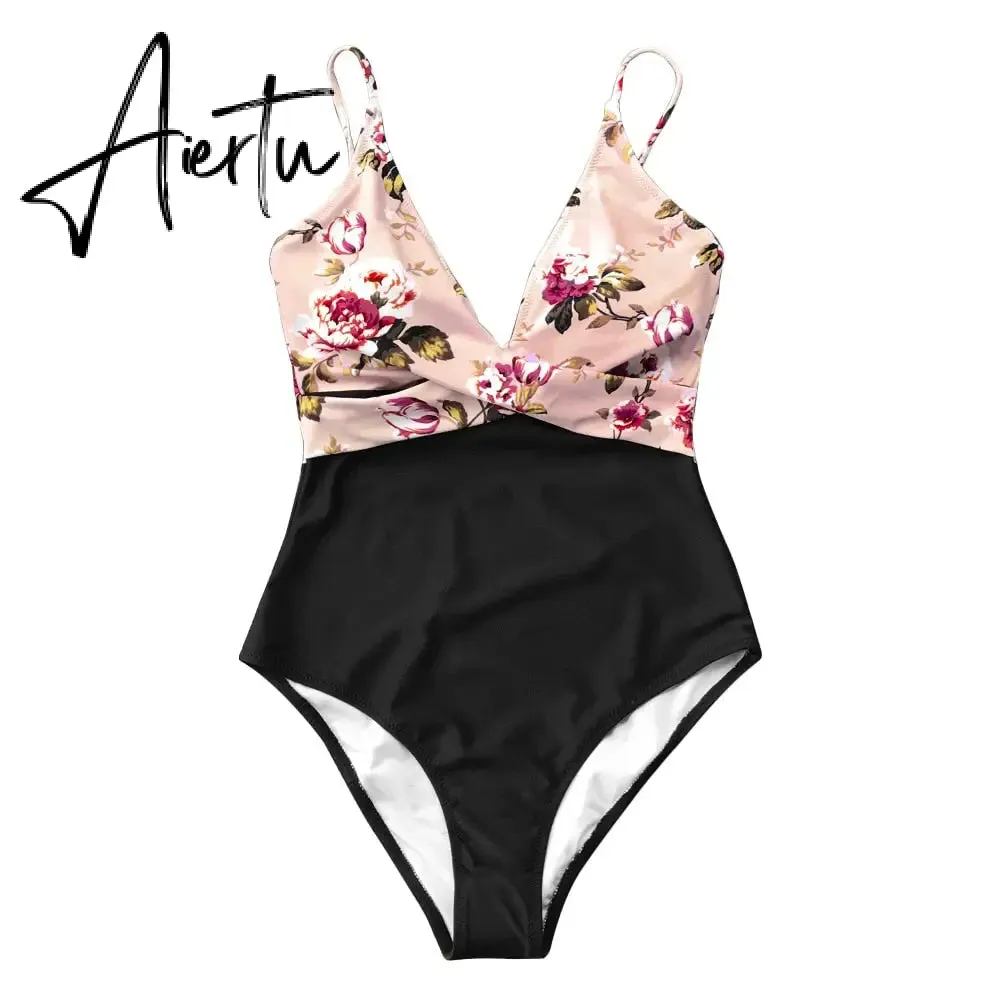 Aiertu Pink Floral One-Piece Swimsuit Women High Leg Cut Sexy Monokini Bathing Suits New Girls Beach Bathing Suit Swimwear