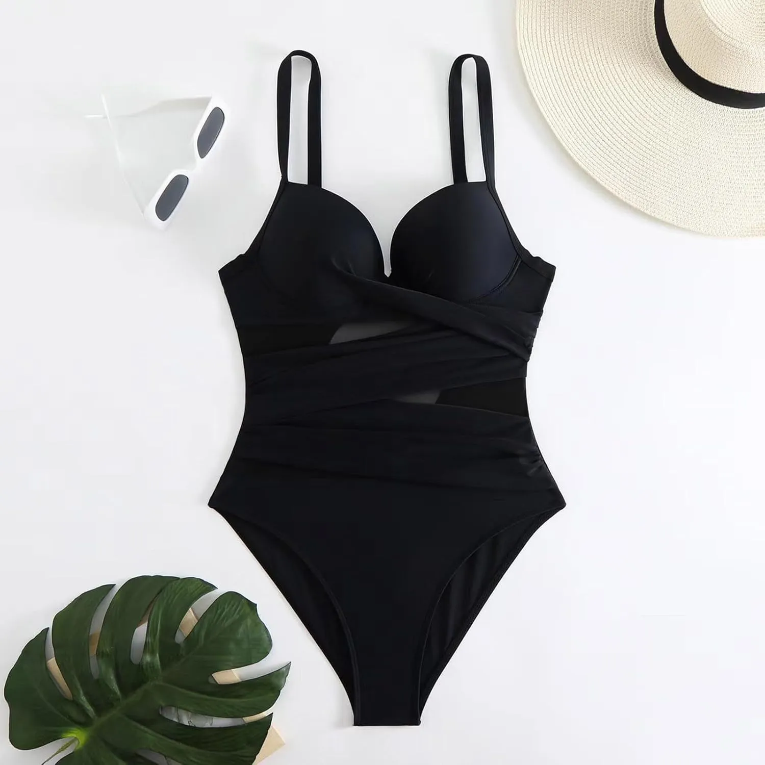 Akklian Womens One Piece Swimsuits 2025 V Neck Mesh Ruched Bathing Suits Spaghetti Straps Tummy Control Slimming Swimwear