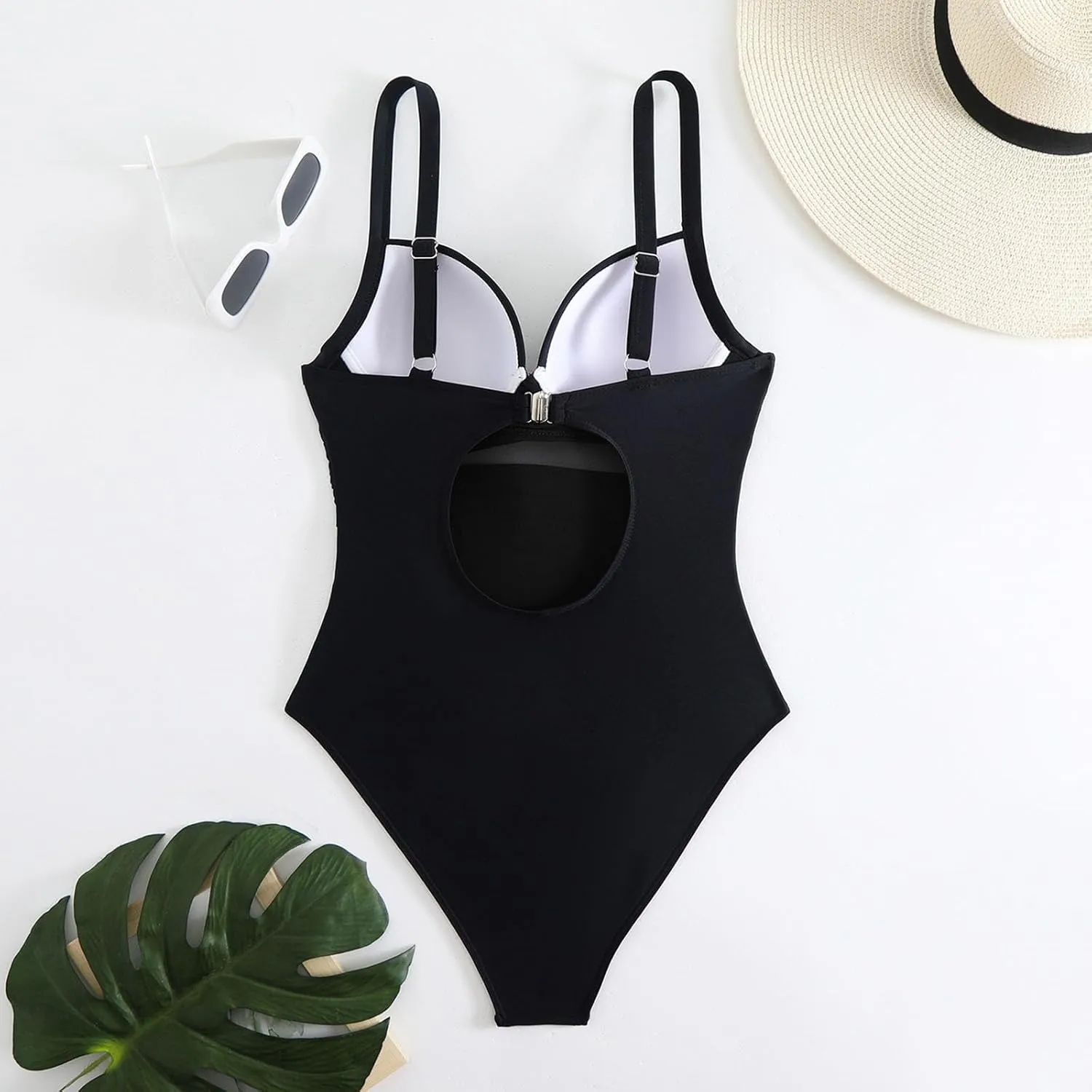 Akklian Womens One Piece Swimsuits 2025 V Neck Mesh Ruched Bathing Suits Spaghetti Straps Tummy Control Slimming Swimwear