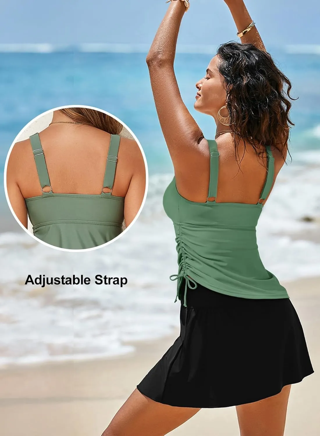 Aleumdr Tankini Swimsuits for Women Swim Dress Two Piece Bathing Suit Square Neck Drawstring Tankini Tops with Skirt