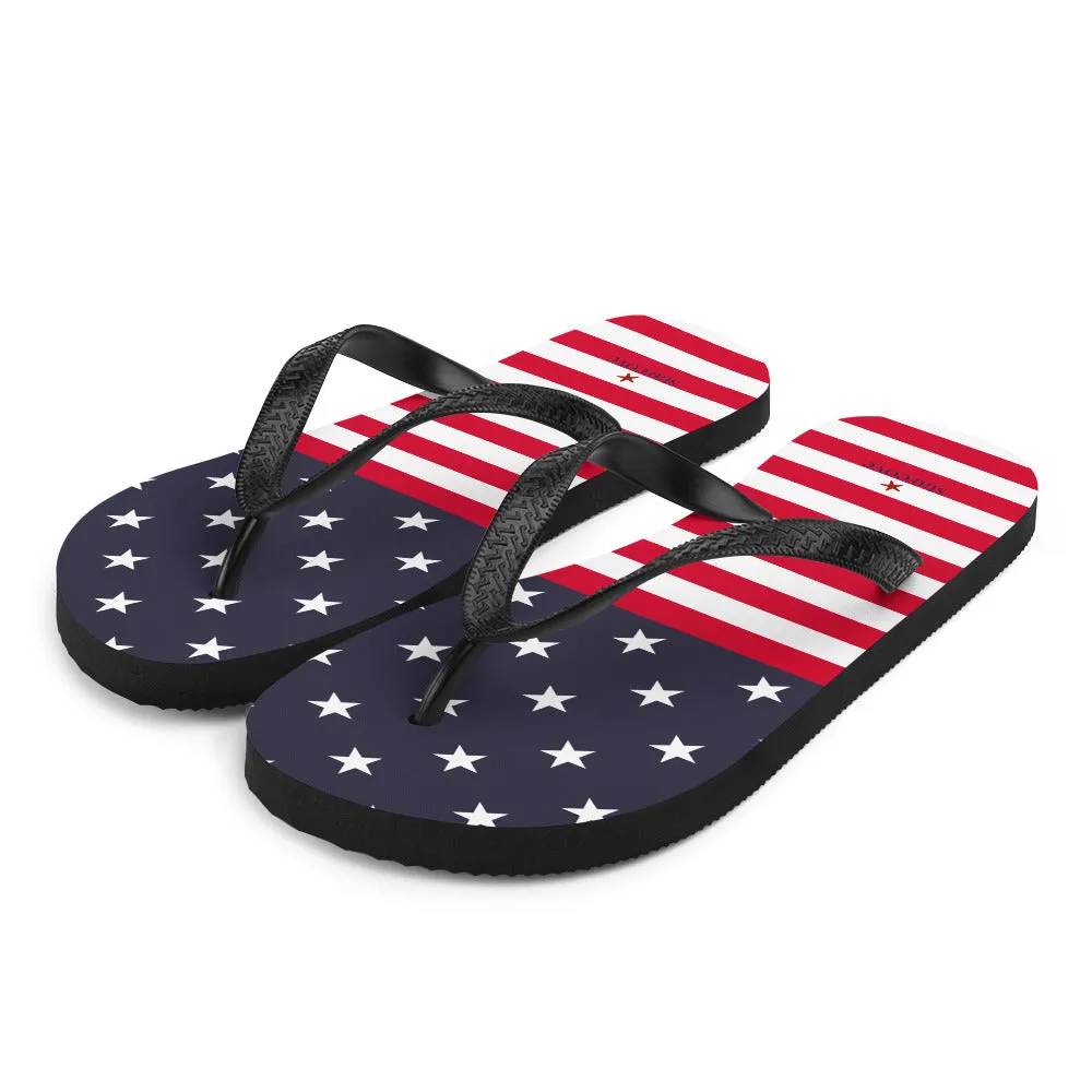 American Flag Flip Flops, Patriotic USA Red White Blue Stars Stripes Thong Sandals Woman Men Beach Print Rubber Slip On Shoes