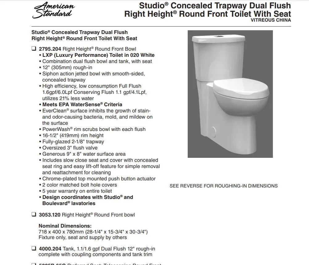 American Standard Studio Skirted 1.6 Round Front Toilet With Seat