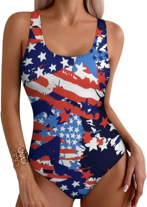 American Stars Women's 1 Piece Swimsuits Criss Cross Back Scoop Neck Sexy Tummy Control Swimwears