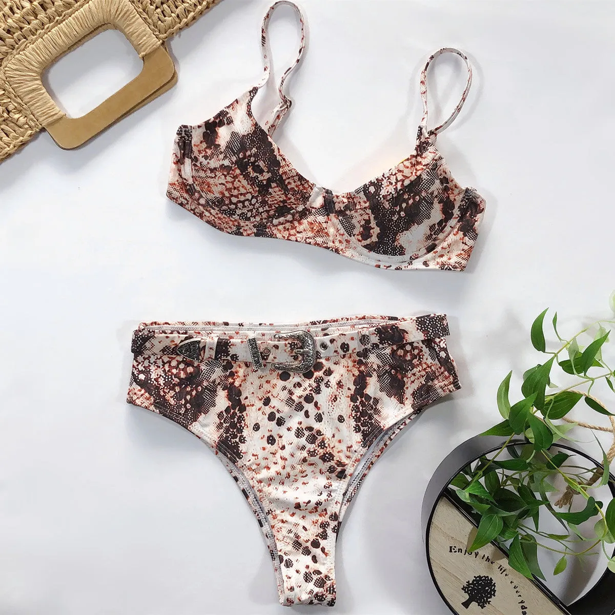 Animal Print Belt High Rise Thong Bottom Bikinis