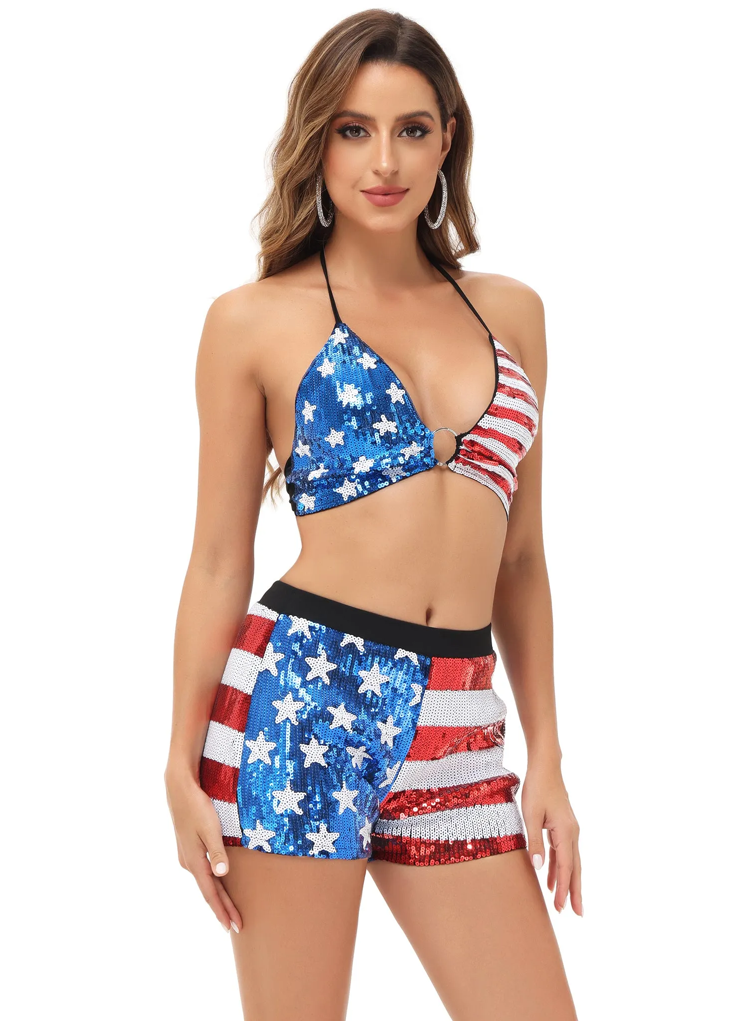 Anna-Kaci Women's 2 Piece July 4th Bikini Set USA Flag Sparkly Sequin Halter Top Shorts Sets