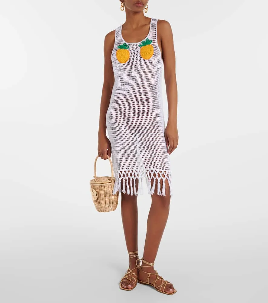 Anna Kosturova Pineapple Mesh fringed crochet cotton minidress