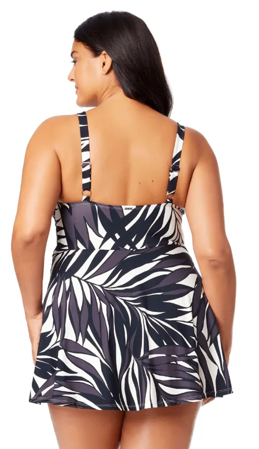 ANNE COLE PLU SIZE PALM CHIC V NECK SWIMDRESS