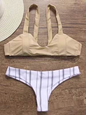 Apricot Scoop Neck Sleeveless Stripe Bikinis
