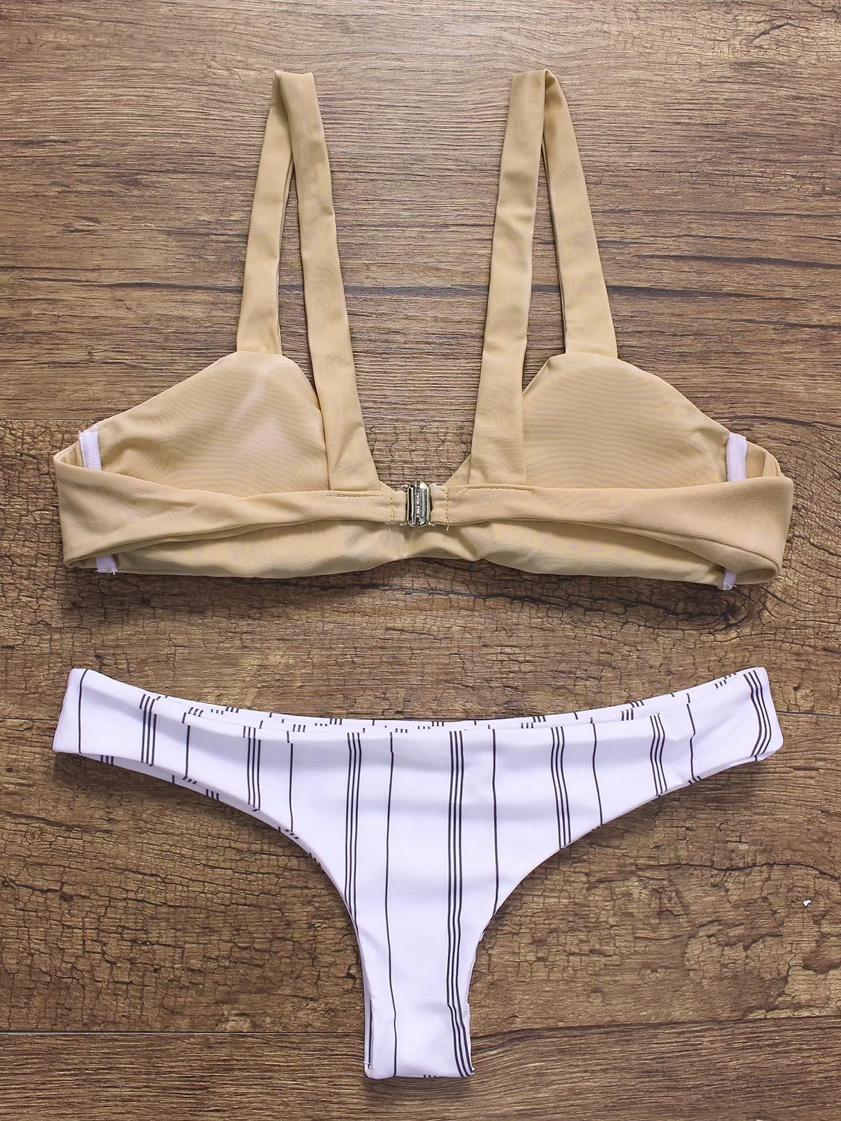Apricot Scoop Neck Sleeveless Stripe Bikinis