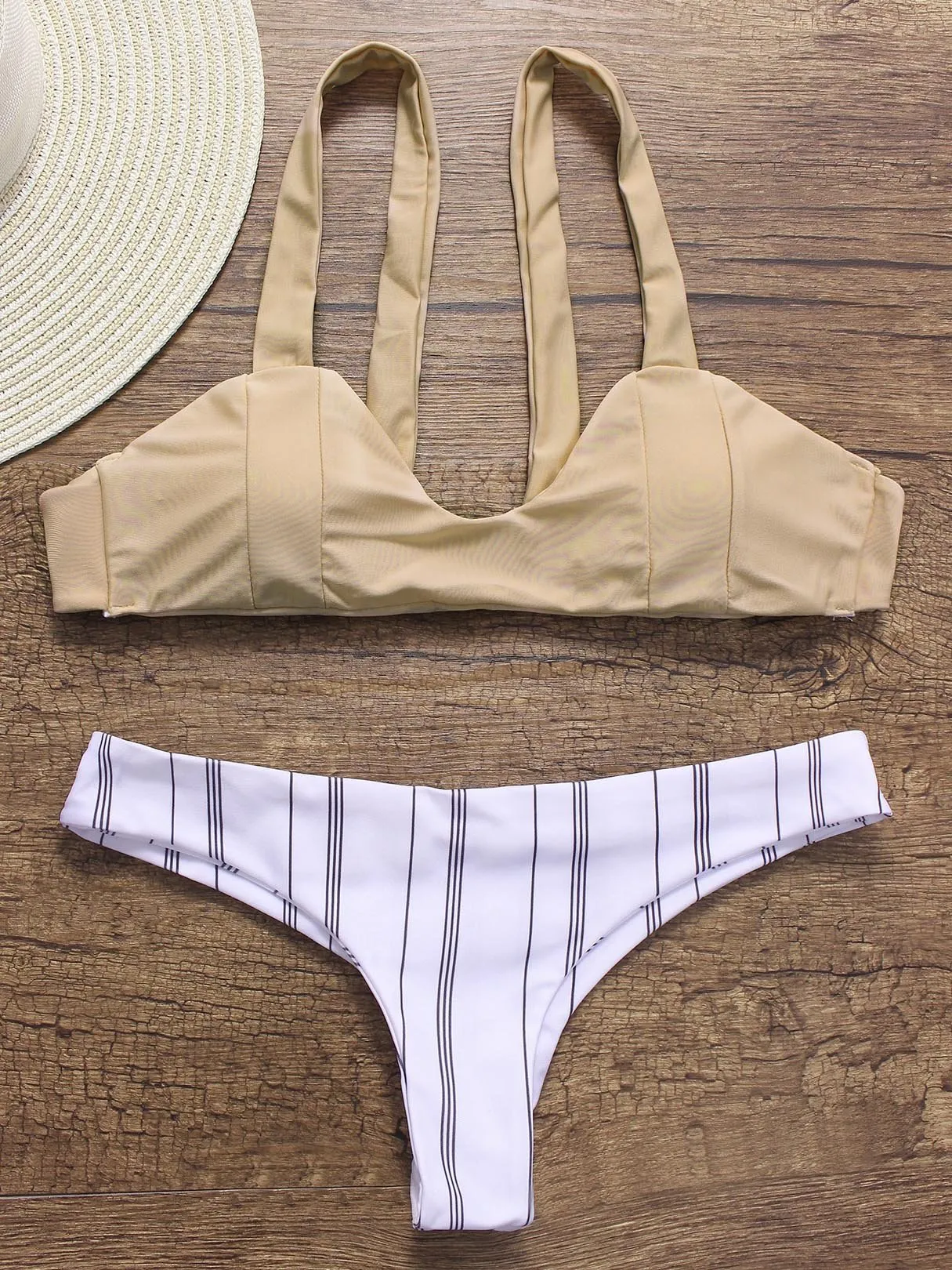 Apricot Scoop Neck Sleeveless Stripe Bikinis