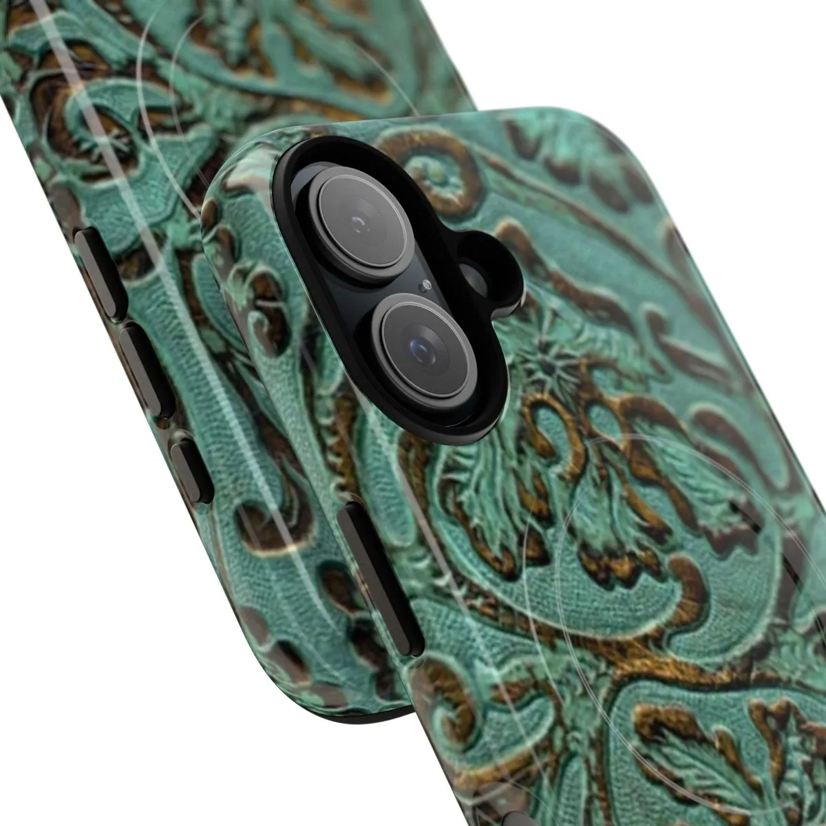 Aqua Floral Tooled Leather Pattern Magnetic Tough Phone Cases