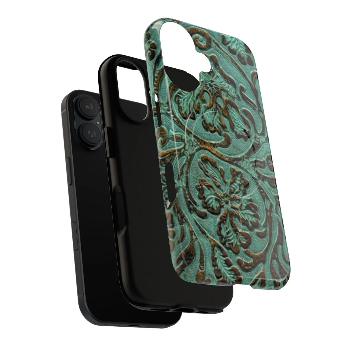 Aqua Floral Tooled Leather Pattern Magnetic Tough Phone Cases