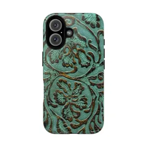 Aqua Floral Tooled Leather Pattern Magnetic Tough Phone Cases