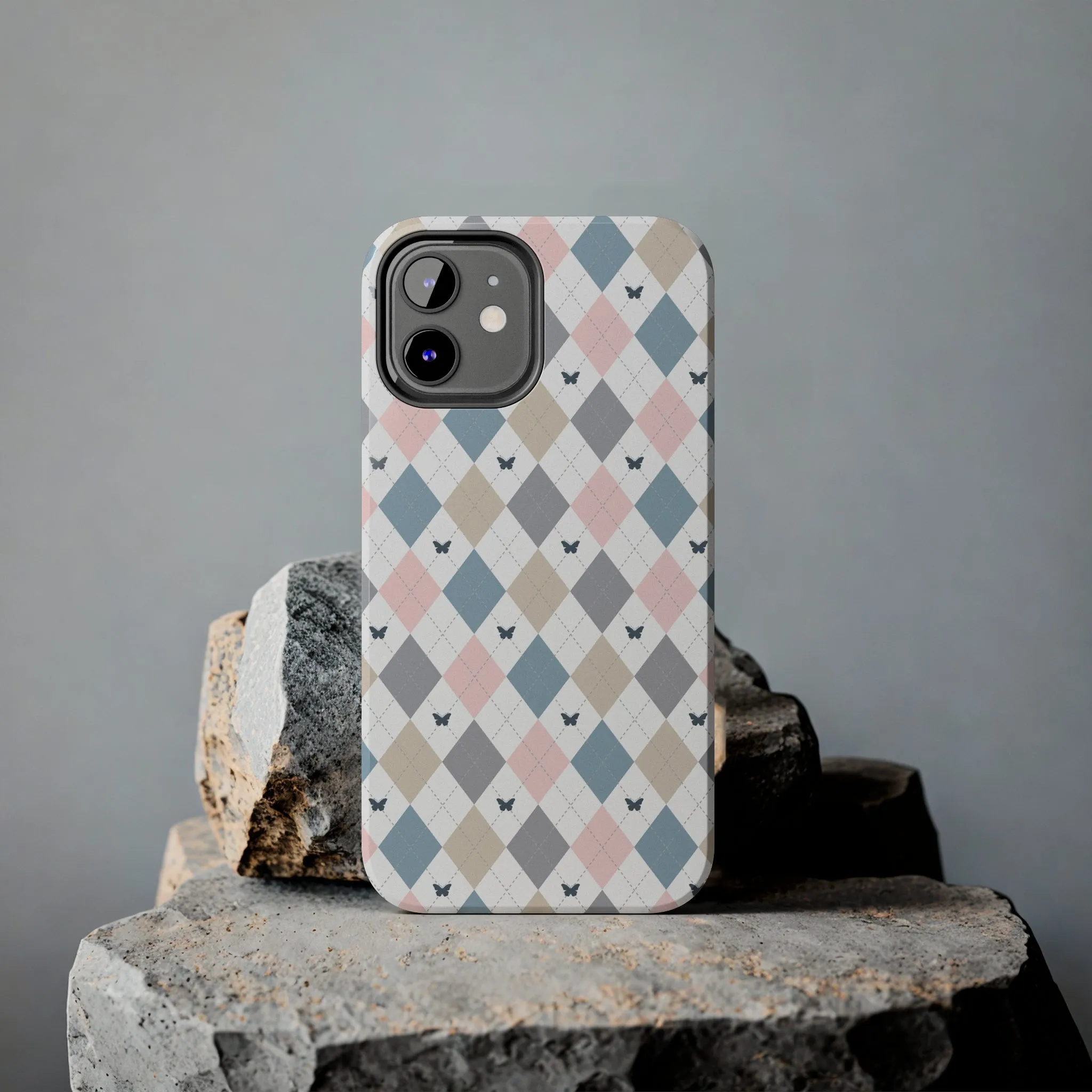 Argyle Pastel Plaid and Butterflies print design Tough Phone Case compatible with a large variety of iphone models