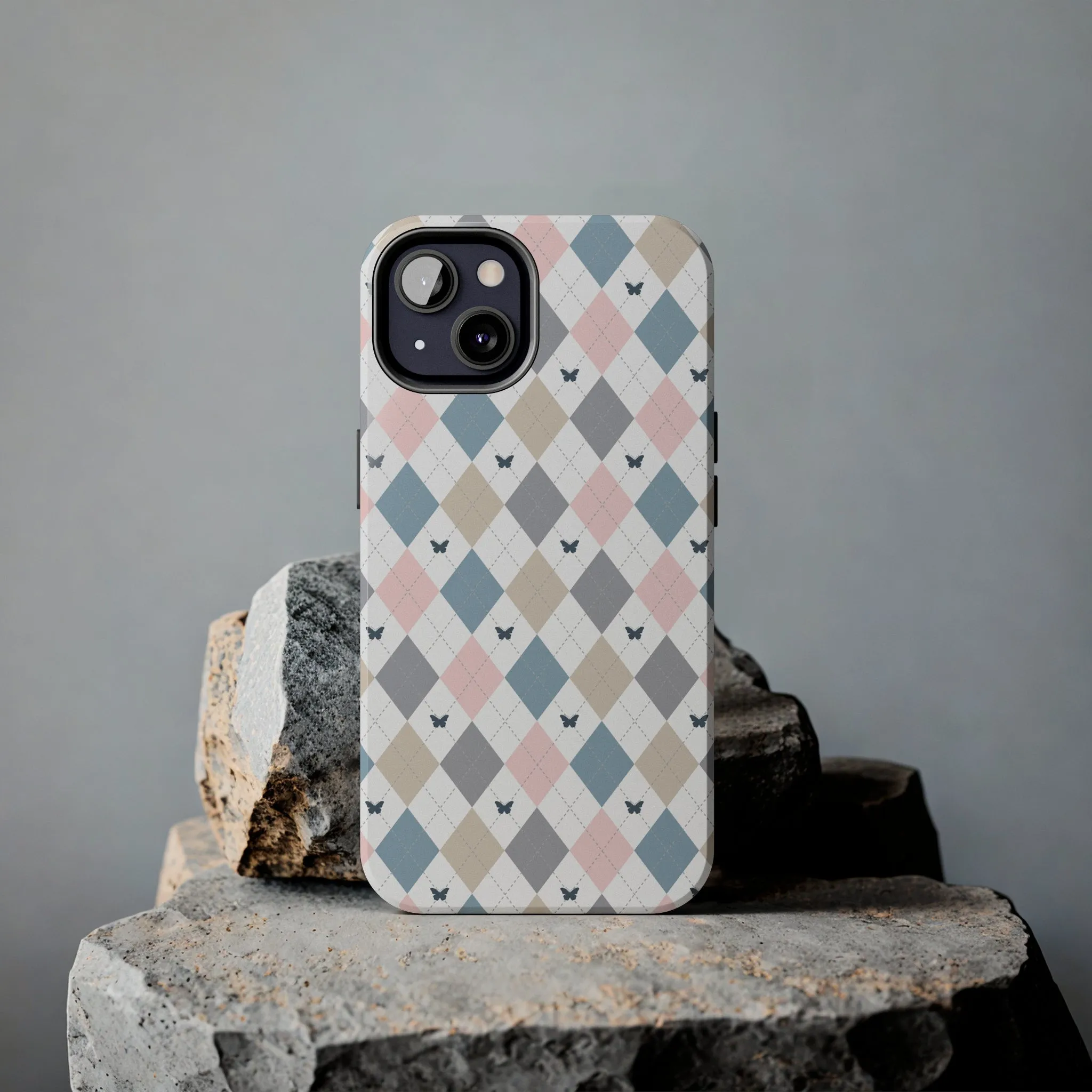 Argyle Pastel Plaid and Butterflies print design Tough Phone Case compatible with a large variety of iphone models