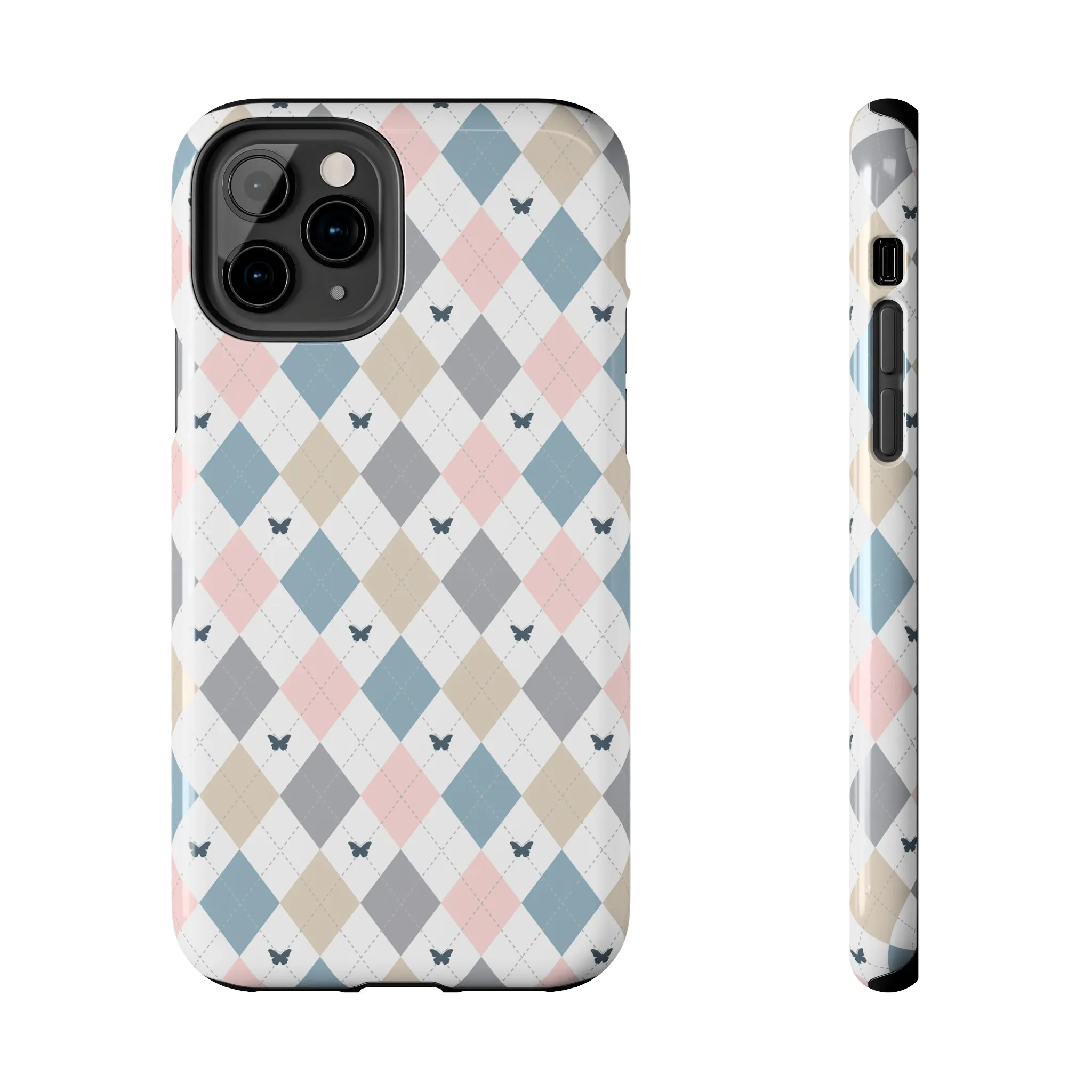 Argyle Pastel Plaid and Butterflies print design Tough Phone Case compatible with a large variety of iphone models