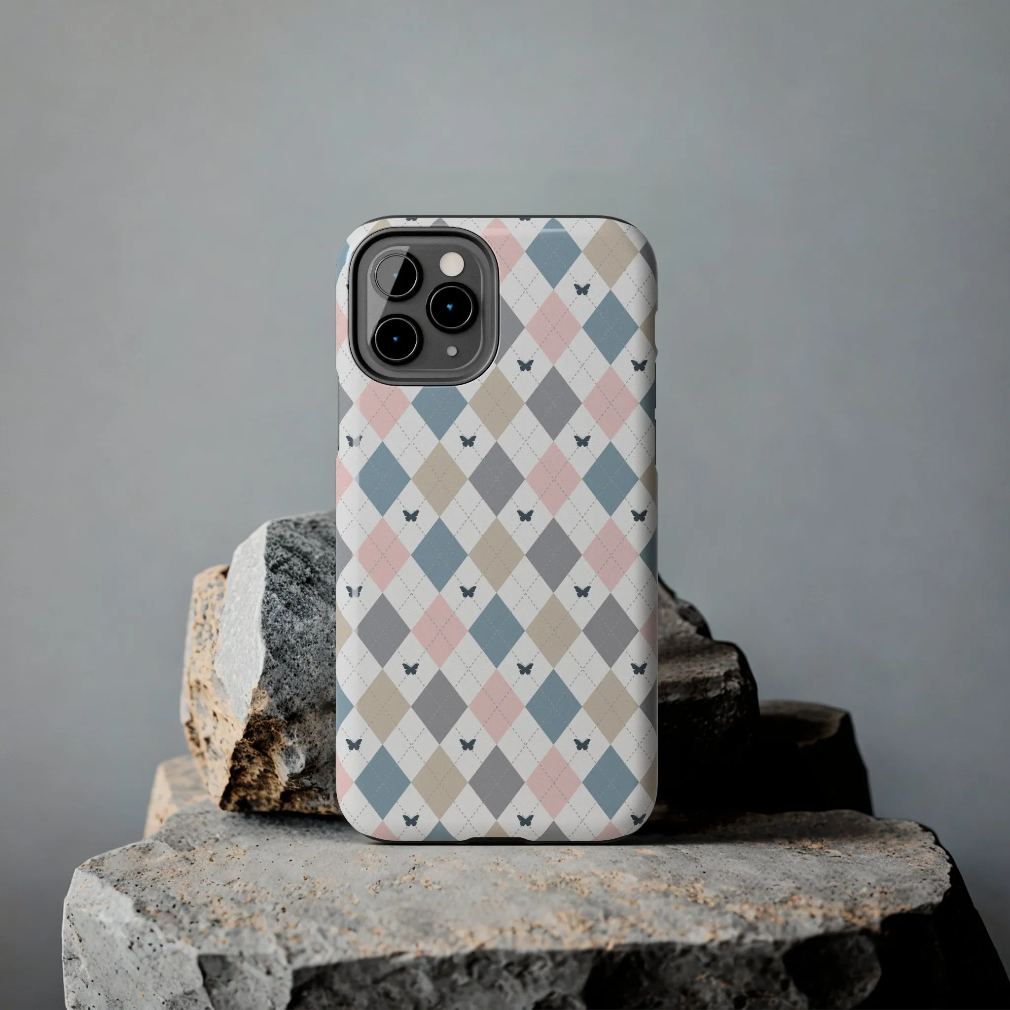 Argyle Pastel Plaid and Butterflies print design Tough Phone Case compatible with a large variety of iphone models