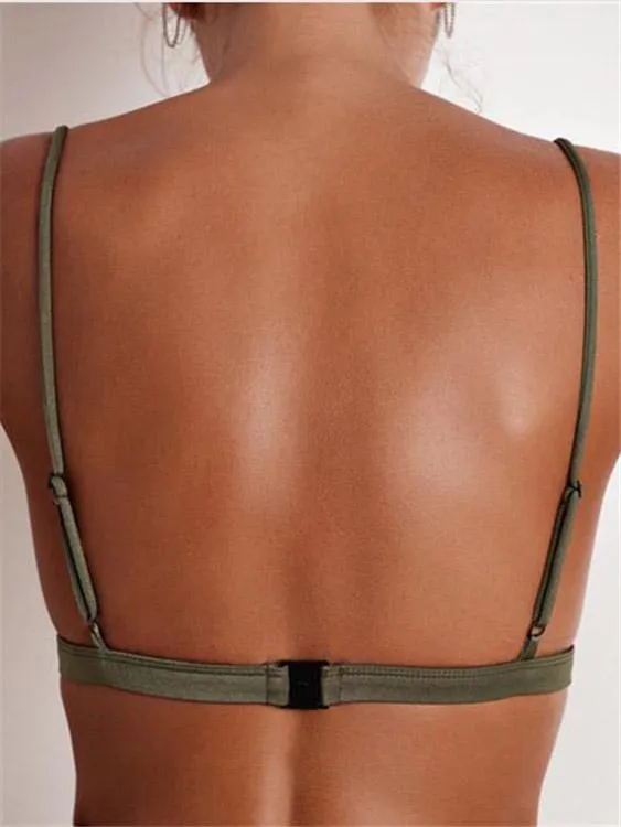 Army Green Deep V-Neck Sleeveless Bodycon Bikini Top