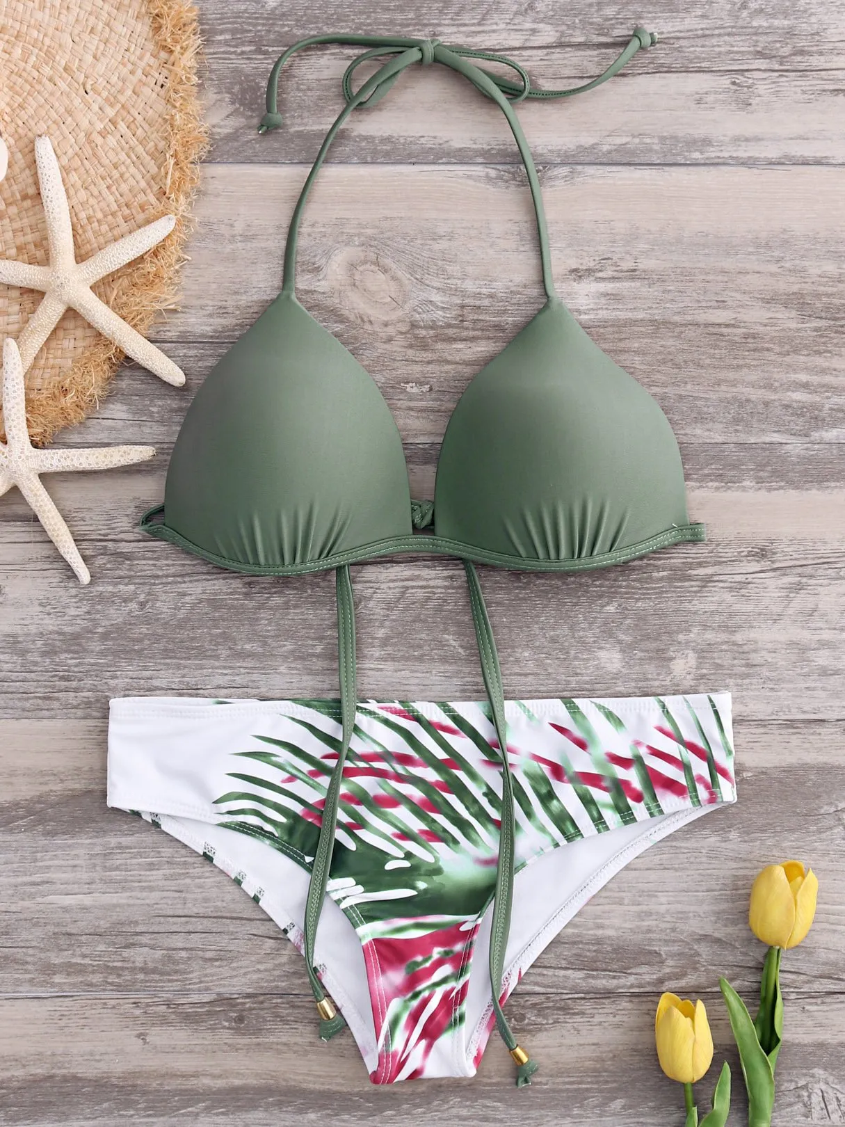 Army Green Halter Sleeveless Floral Print Tie-Up Two Piece Bikinis