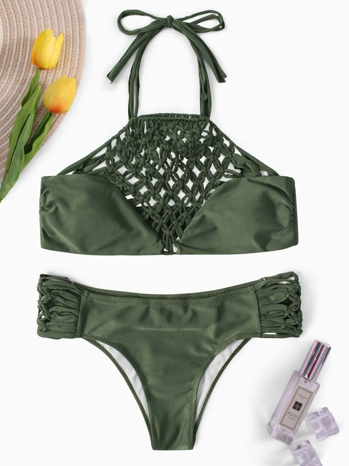 Army Green Halter Sleeveless Grid Lace-Up Tie-Up Bikinis