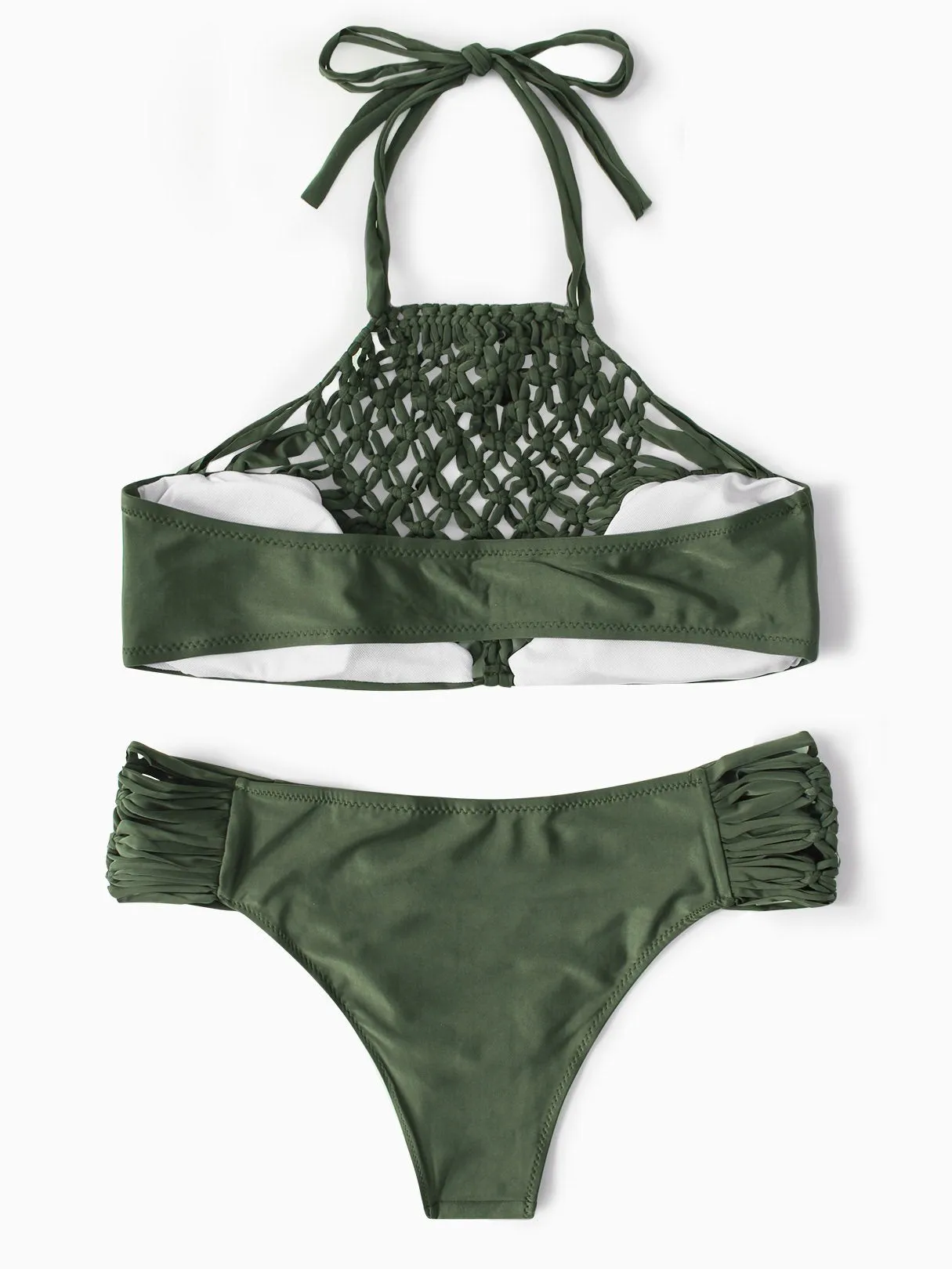 Army Green Halter Sleeveless Grid Lace-Up Tie-Up Bikinis