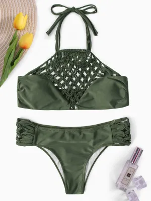 Army Green Halter Sleeveless Grid Lace-Up Tie-Up Bikinis