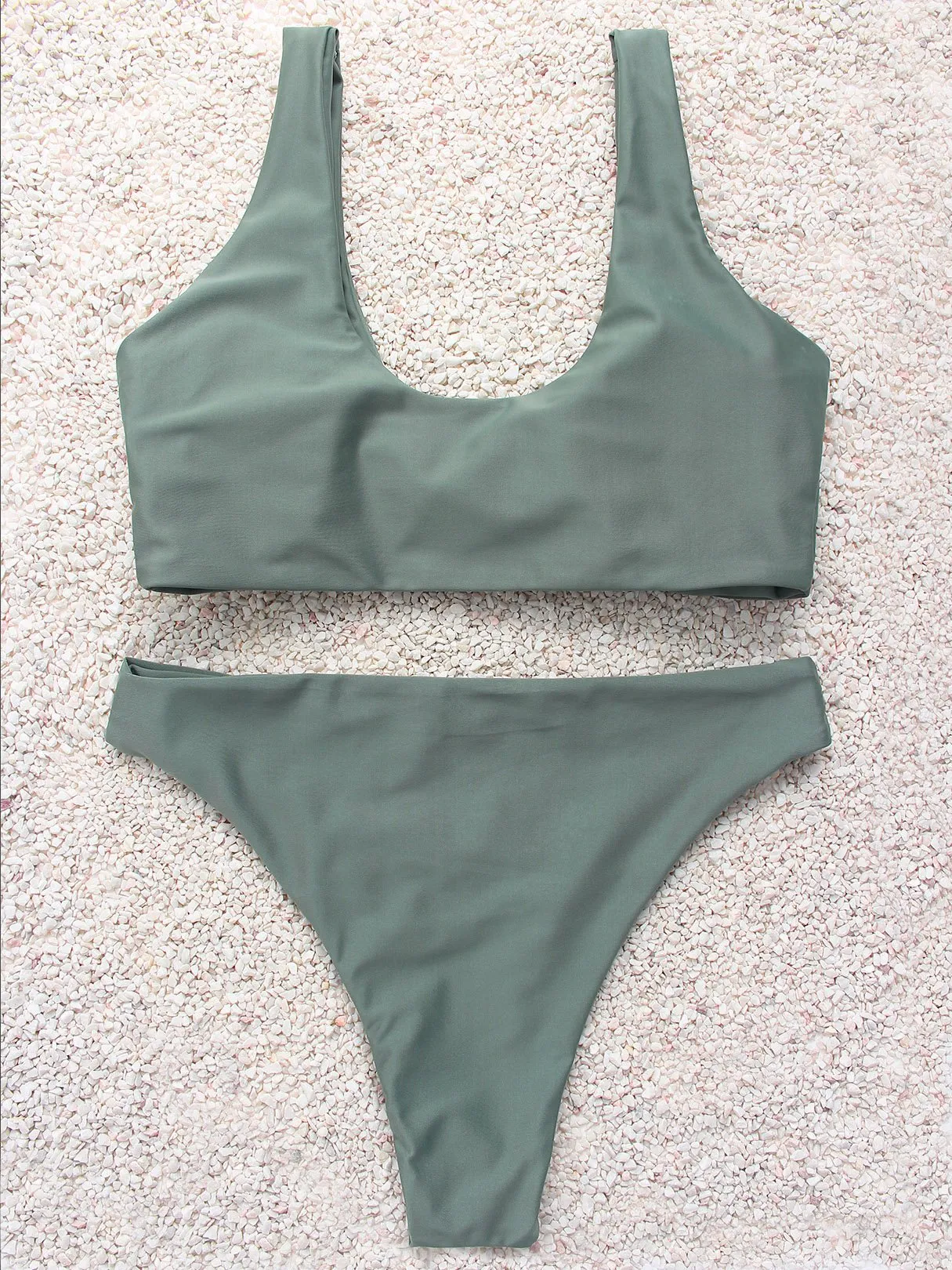 Army Green V-Neck Plain High Waist 2 Piece Bikinis