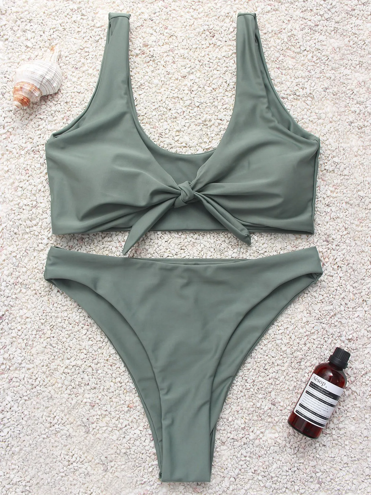 Army Green V-Neck Plain High Waist 2 Piece Bikinis