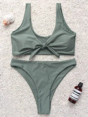 Army Green V-Neck Plain High Waist 2 Piece Bikinis