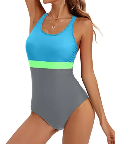 Athletic Long Torso Racerback Tummy Control One Piece Swimsuit-Black Gary