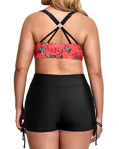 Athletic Plus Size 3 Piece Tankini Set With Sports Bra And Boyshort-Floral And Black