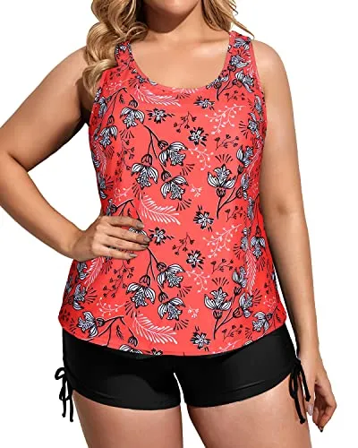 Athletic Plus Size 3 Piece Tankini Set With Sports Bra And Boyshort-Floral And Black