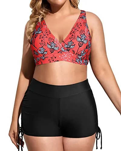 Athletic Plus Size 3 Piece Tankini Set With Sports Bra And Boyshort-Floral And Black
