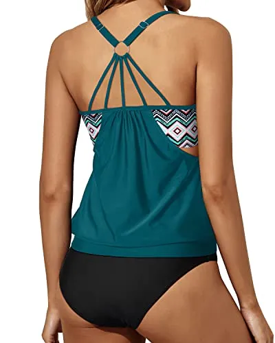 Athletic Round U Neck & O-Ring Back Tankini Swimsuits For Women-Teal